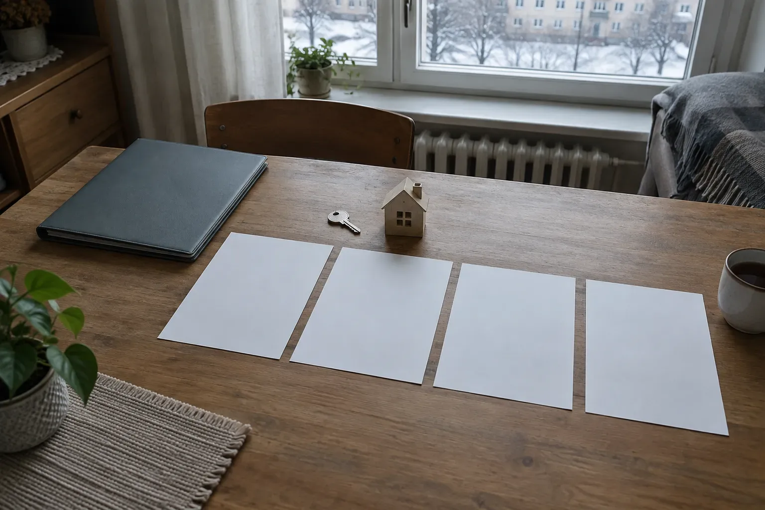 Puste dokumenty, klucz i model domu ułożone na stole